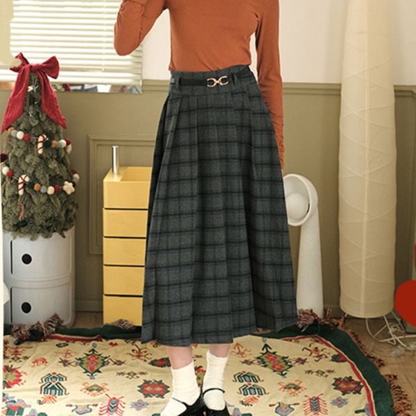 チェック柄Aラインロングスカート Z00492