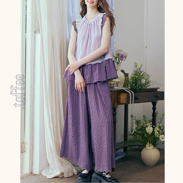 フリルスリーブトップ&ワイドパンツセットアップ《Z00966》