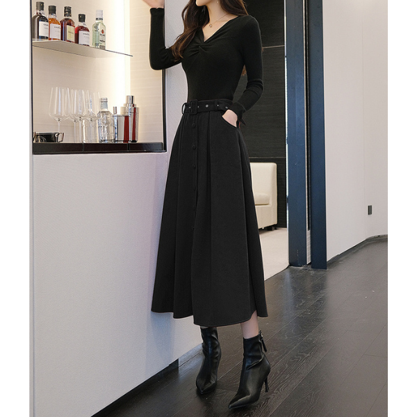 【2color】ベルテッドウールフレアスカート X-386