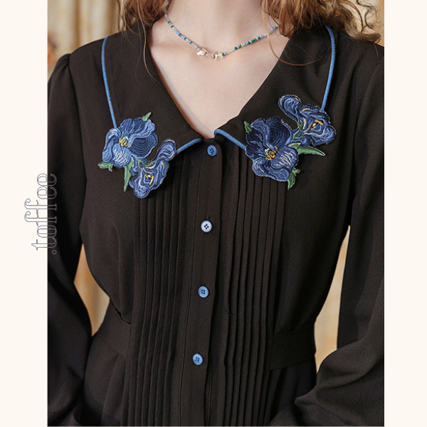 フラワー刺繍レースヘムブラックワンピース 《Z00680》