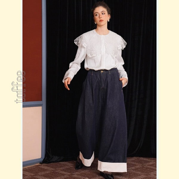 【2color】大人のエレガンス:美シルエットのワイドレッグデニムパンツ 《C0200》