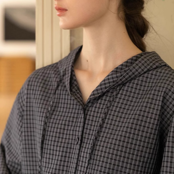 【2color】チェック柄フーディーシャツ《Z00978》