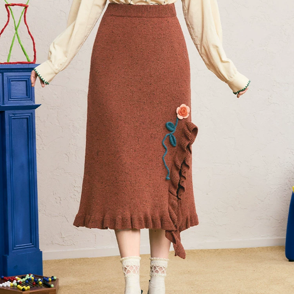 フラワー刺繍&フリルヘムロングスカート 《Z00686》
