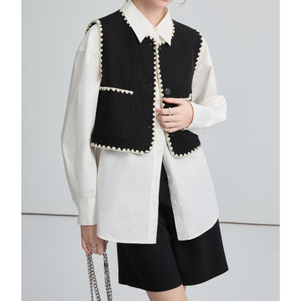 刺繍トリミングのショートベスト X-295