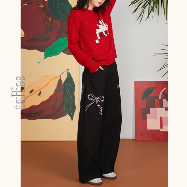 リボン刺繍ルーズストレートパンツ 《Z00700》