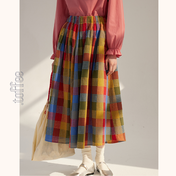カラフルチェック柄ロングフレアスカート 《Z00786》