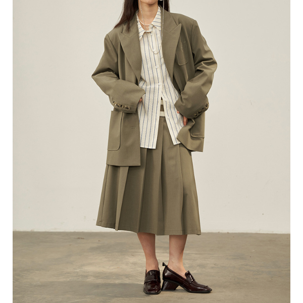 【2color】二つのベルト付きミモレ丈Aラインプリーツスカート Z00223