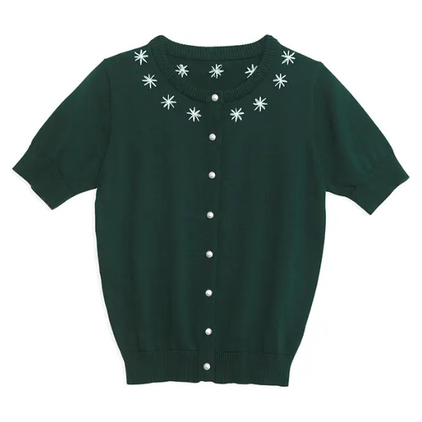 お花の刺繍入りラウンドネック半袖ニット Z00233