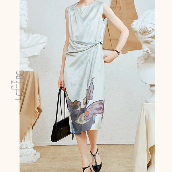 ミルクを飲む子犬プリントのノースリーブワンピース《Z00964》