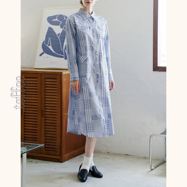 チェック柄パッチワークシャツワンピース Z00469