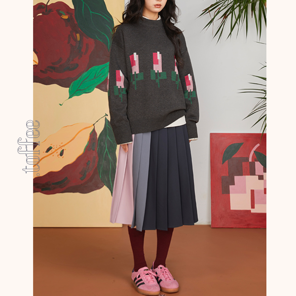 コントラストカラーミモレ丈プリーツスカート 《Z00701》