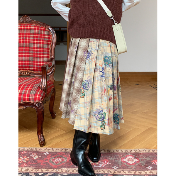 パッチワークプリーツロングスカート Z00106