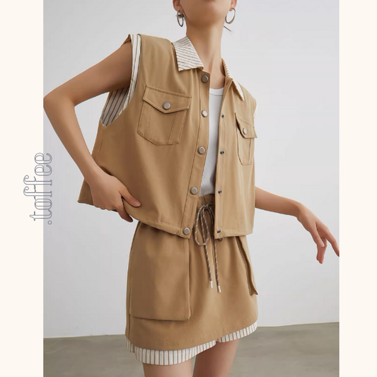 ストライプディテールレイヤード風ベスト&ドローストリングハーフパンツセットアップ《Z00943》