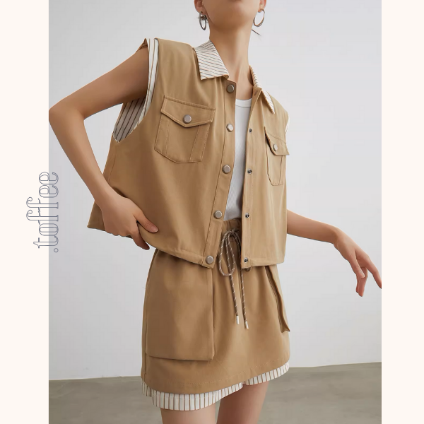 ストライプディテールレイヤード風ベスト&ドローストリングハーフパンツセットアップ《Z00943》