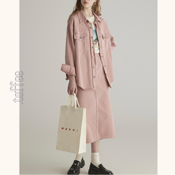 ピンクデニムジャケット&ミモレ丈ストレートスカートセットアップ 《Z00776》