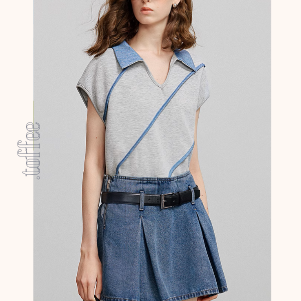 斜めラインVネックフレンチスリーブトップス《Z00922》