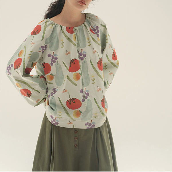 【2color】野菜と果物のコットンルーズプリントシャツ Z00447