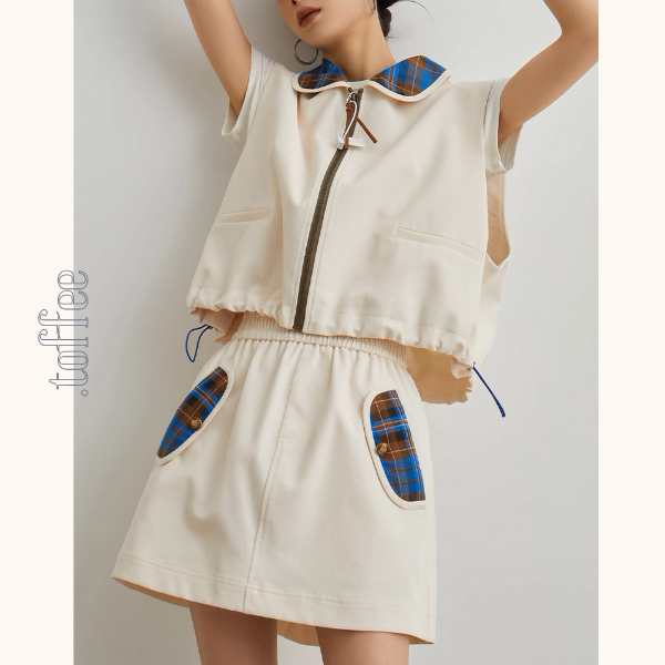 フロントジップアップベスト&ミニスカートセットアップ《Z00947》