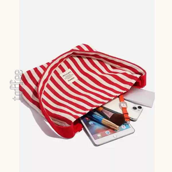 【2color】ストライプ柄×無地ロゴプリントキャンバスショルダーバッグ 《Z00803》