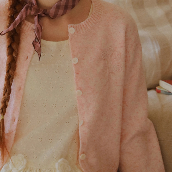 【2color】フラワー刺繍入りリブ編みセットアップカーディガン《Z00831》