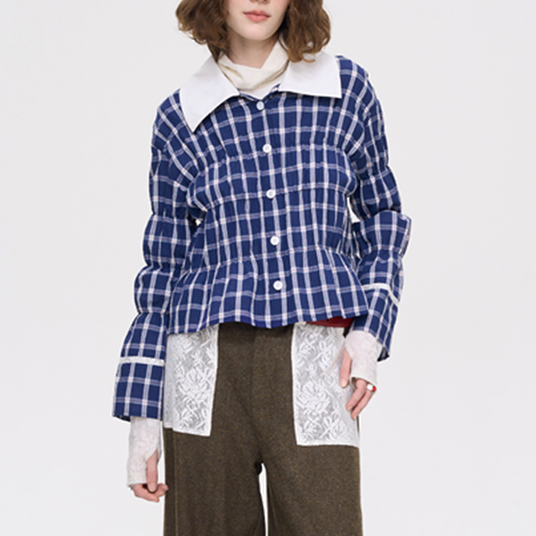 レースディテールチャック柄ブルーシャツ 《Z00636》