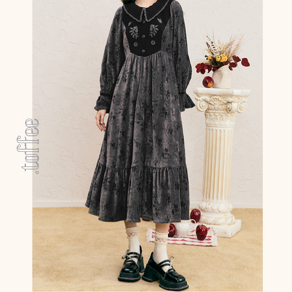 コーデュロイブラックロングワンピース 《Z00689》