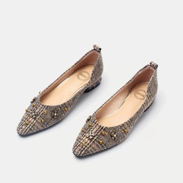 スタッズデコレーションチェックパンプス w-125