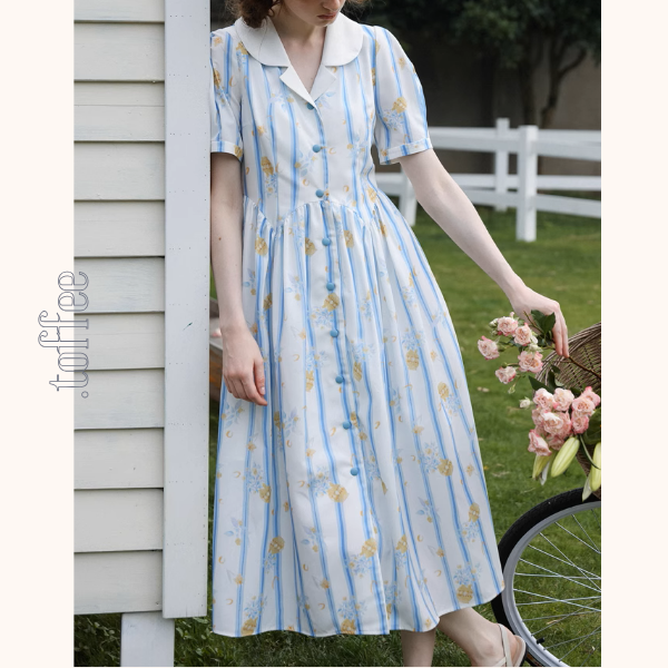 花柄&ストライプフレンチシャツワンピース《Z00879》