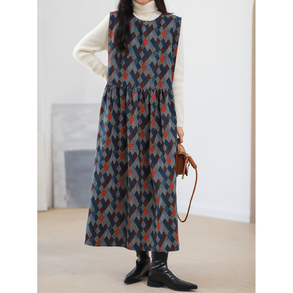 【2color】マルチカラースクエアパターンワンピース w-005