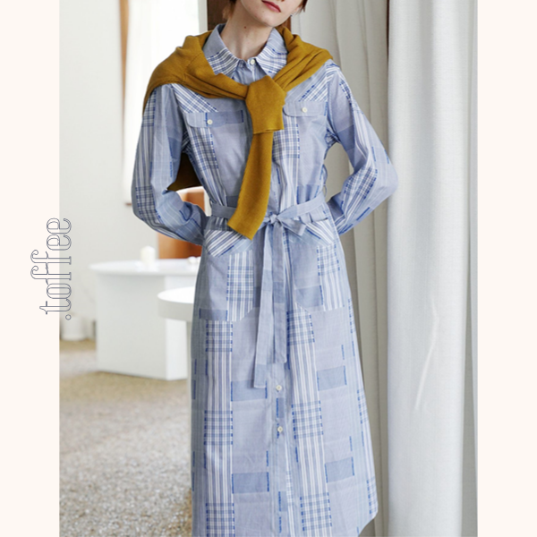 チェック柄パッチワークシャツワンピース Z00469