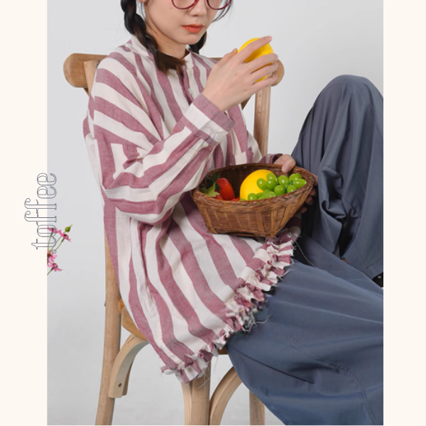 【2color】ストライプ柄フリル装飾シャツ《Z00894》