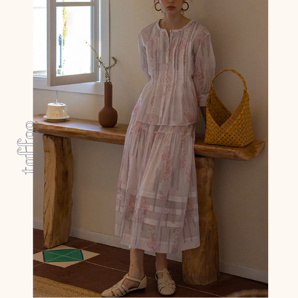 桜ピンクプリーツシャツ&ミモレ丈ティーアドスカートセットアップ《Z00867》