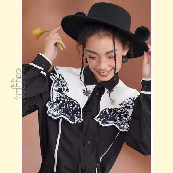 月明かりのバンビが佇む:深い森の中のオリエンタルカウボーイブラウス C0187