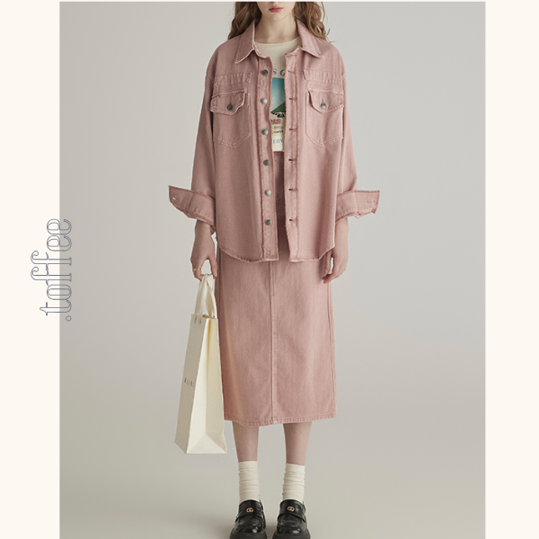 ピンクデニムジャケット&ミモレ丈ストレートスカートセットアップ 《Z00776》