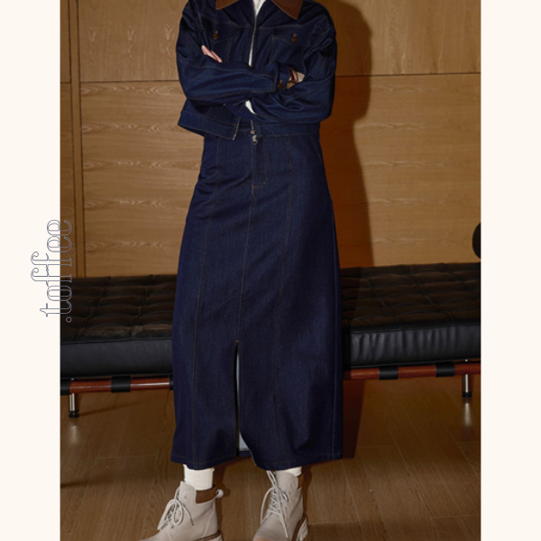 ジップジャケット&フロントスリットロングスカートのデニムセットアップ Z00475