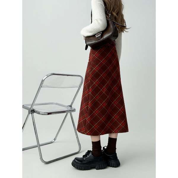 タータンチェックAラインロングスカート X-515