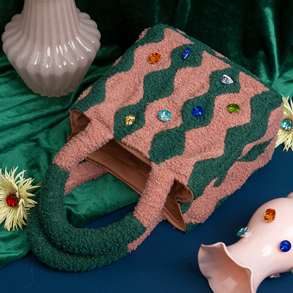 ジグザグパターンストーン装飾ボアハンドバッグ 《Z00804》