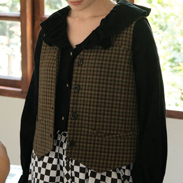 ブラウンチェック柄シングルブレストベスト Z00507