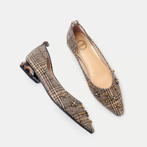 スタッズデコレーションチェックパンプス w-125