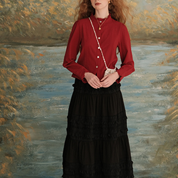 【2color】フリルネックショートブラウス 《Z00618》