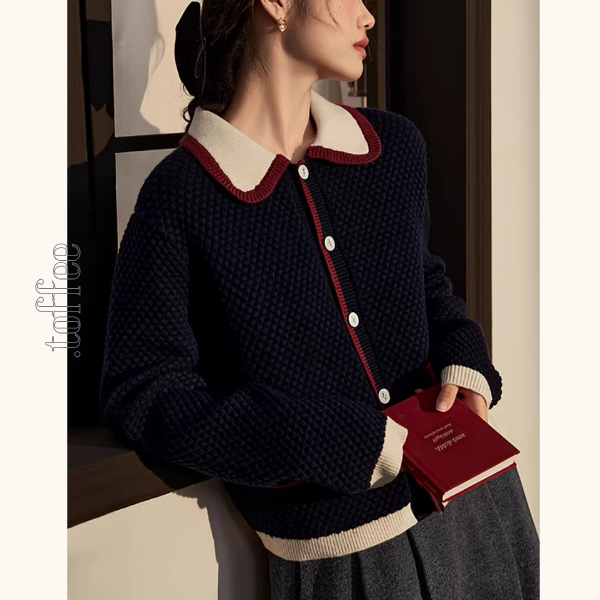 レトロ配色のポロカラーカーディガン《Z01341》