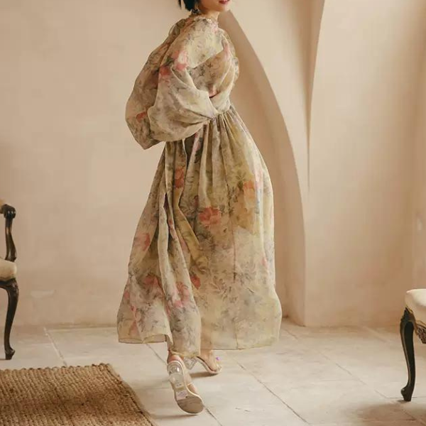 フラワープリントボリュームスリーブワンピース X-046