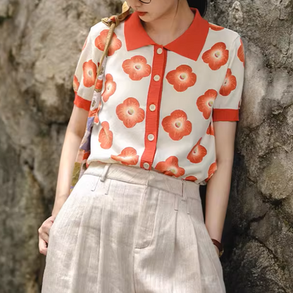 【2color】フラワープリントバイカラーポロシャツ《Z00981》