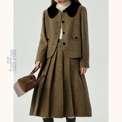 ヘリボーン柄ショートジャケット＆プリーツミディスカートのセットアップ　Z00481