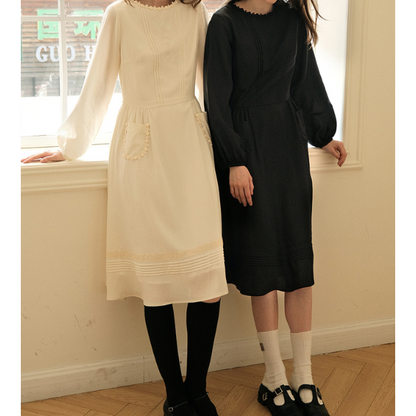 【2color】北欧風フラワー刺繍入りミモレ丈ワンピース  Z00010