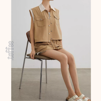 ストライプディテールレイヤード風ベスト＆ドローストリングハーフパンツセットアップ《Z00943》