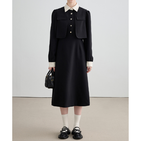 レイヤード風ブラックスリムワンピース Z00026