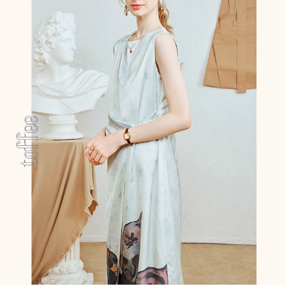 ミルクを飲む子犬プリントのノースリーブワンピース《Z00964》