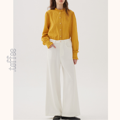 フリルネックチェック柄スリムシャツ《Z00848》