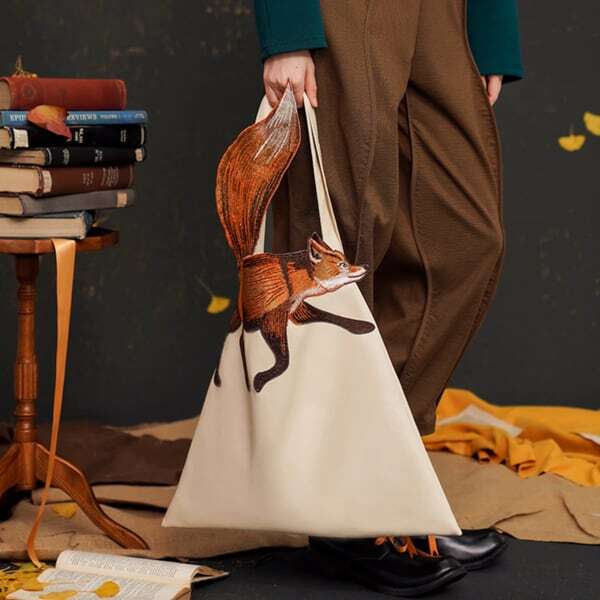 フォックス刺繍 ソフトレザートライアングルトートバッグ AU-472　